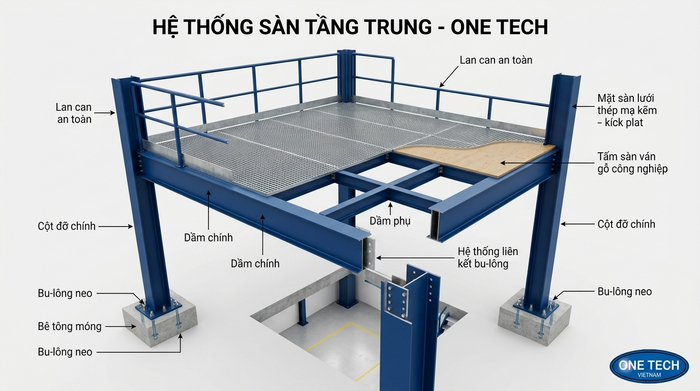 cấu tạo kệ sàn mezzanine gồm cột trụ beam và mặt sàn