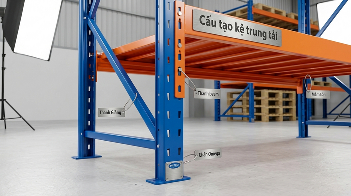 Cấu tạo kệ trung tải bằng sắt thép Cấu tạo kệ trung tải bằng sắt thép gồm chân trụ thanh beam và mâm tầng