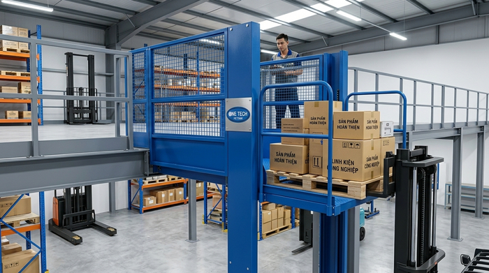 cổng pallet trên kệ sàn mezzanine hỗ trợ nâng hạ hàng hóa