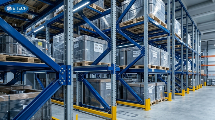 Giằng chéo kệ drive in tăng độ ổn định Hệ giằng chéo giúp kệ drive in ổn định khi lưu trữ tải nặng