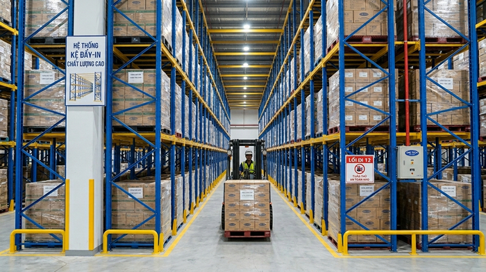 Xe nâng di chuyển trong lòng kệ drive in Hình ảnh thực tế xe nâng di chuyển vào hệ thống kệ drive in số 3