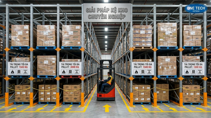 Kệ drive in có biển tải trọng và dẫn hướng Kệ drive in có biển tải trọng và dẫn hướng xe nâng trong kho
