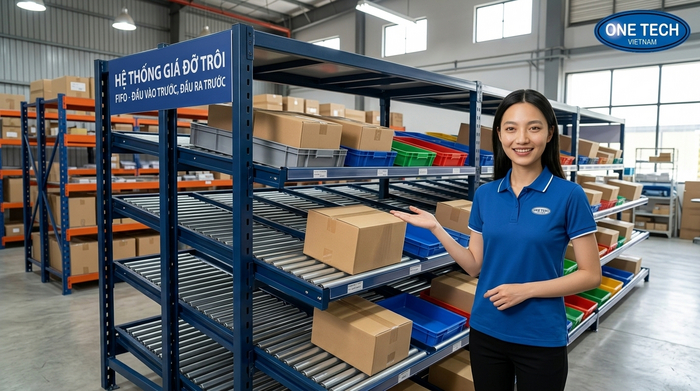 Ray con lăn và thanh dẫn hướng của kệ flowrack giúp hàng trượt ổn định