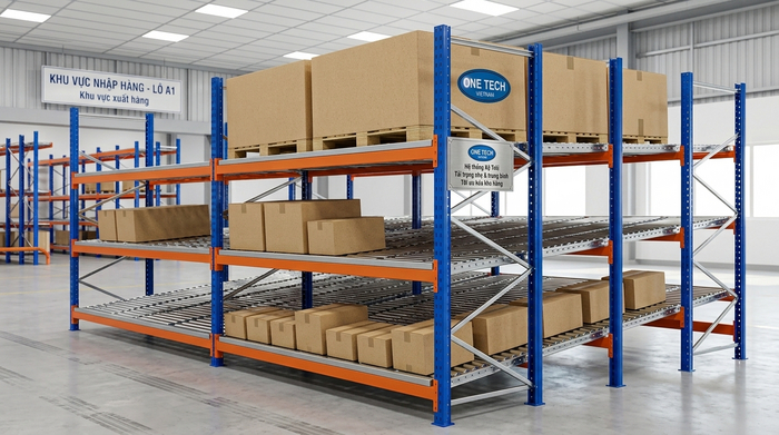 Cấu tạo tổng quan kệ Flow racks Tuyên Quang với ray con lăn và khung thép
