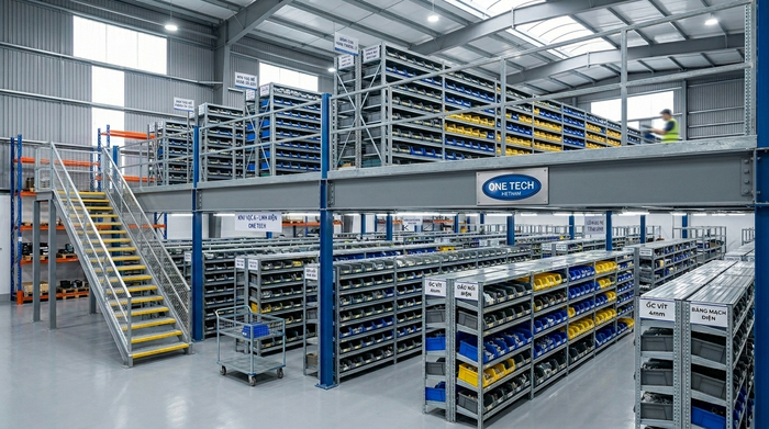 kệ sàn mezzanine kết hợp kệ V lỗ lưu trữ hàng nhỏ