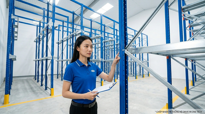 Nghiệm thu hệ thống kệ drive in Nghiệm thu kệ drive in sau khi lắp đặt tại kho hàng