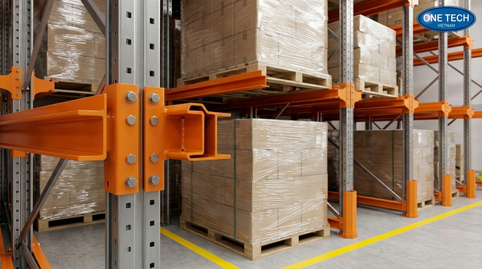 Ray đỡ pallet kệ drive in thực tế Ray đỡ pallet của kệ drive in trong kho hàng thực tế