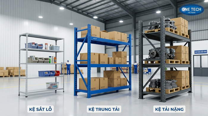So sánh các loại kệ kho tại Tuyên Quang So sánh kệ trung tải với kệ sắt lỗ và kệ tải nặng cho kho Tuyên Quang