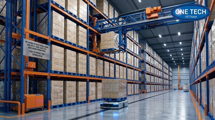 Xe AGV kết hợp Stacker-Crane trong kho tự động