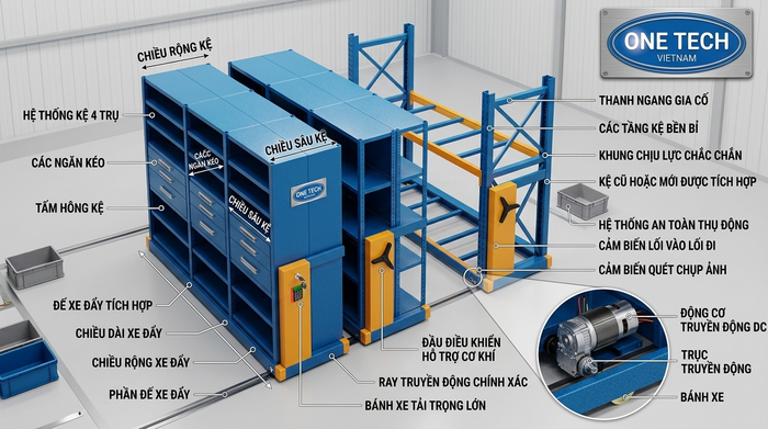 Cấu tạo kệ Mobile Rack gồm ray, bánh xe, khung và thanh beam