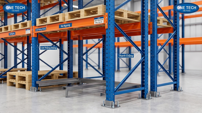 Cấu tạo kệ Narrow Aisle Cấu tạo kệ Narrow Aisle gồm chân trụ, thanh beam và giằng chịu lực