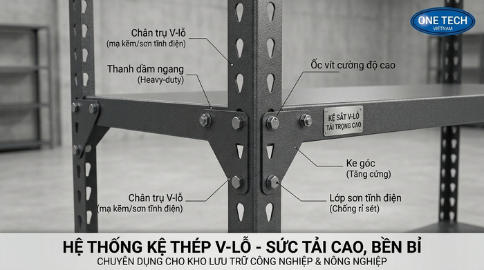 Cấu tạo kệ sắt v lỗ OneTech Cấu tạo chi tiết của bộ kệ sắt v lỗ đa năng