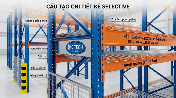 Cấu tạo kệ Selective gồm chân trụ beam giằng và phụ kiện an toàn
