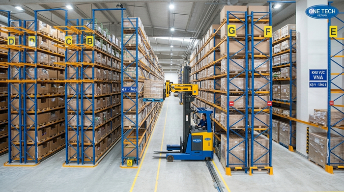 Kệ VNA và xe nâng chuyên dụng Kệ VNA Tuyên Quang vận hành bằng xe nâng chuyên dụng trong lối đi rất hẹp
