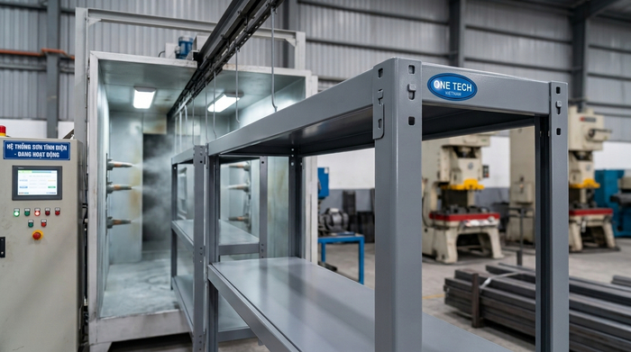 Nhà máy sản xuất giá kệ OneTech Dây chuyền sản xuất kệ sắt v lỗ hiện đại tại nhà máy OneTech