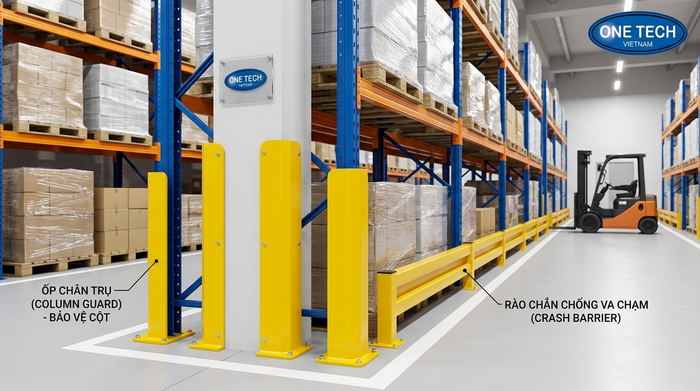 Phụ kiện an toàn cho kệ Selective gồm ốp chân trụ và rào bảo vệ