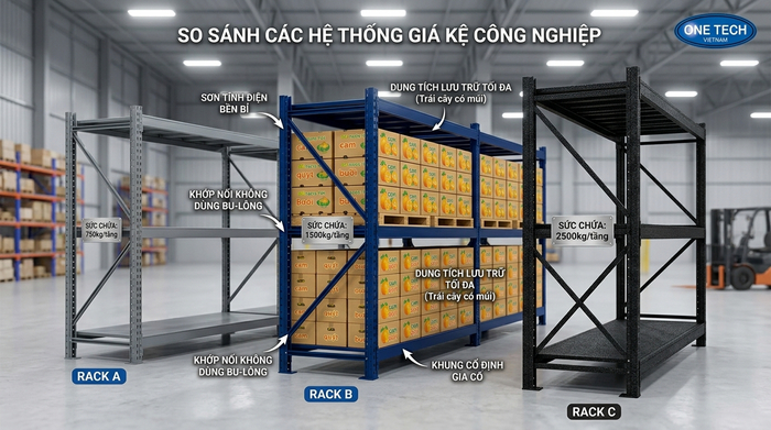 Bảng so sánh giải pháp lưu trữ kho hàng So sánh các loại kệ kho hàng công nghiệp
