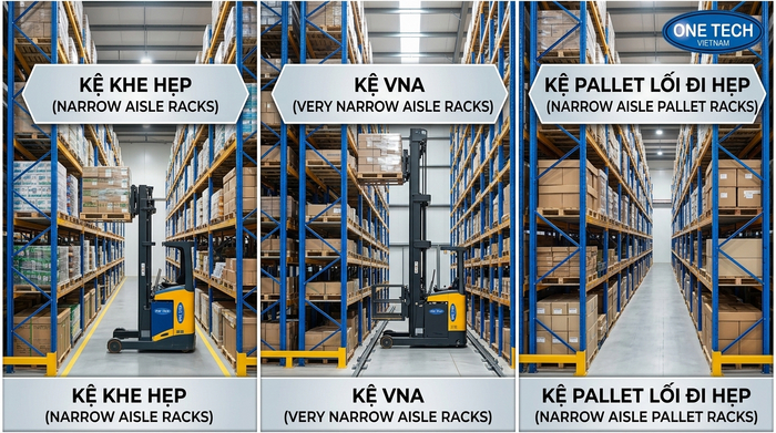 So sánh các loại kệ Narrow Aisle So sánh kệ khe hẹp, kệ VNA và kệ pallet lối đi hẹp