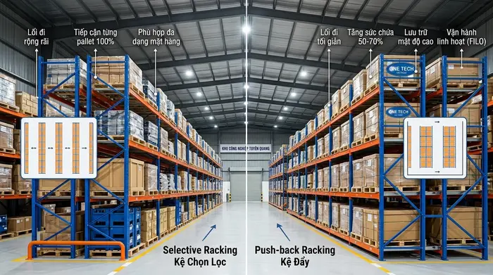 So sánh kệ push back và kệ selective trong tối ưu không gian kho bãi Tuyên Quang