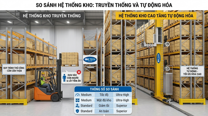 So sánh kho thủ công và kho dùng Stacker-Crane