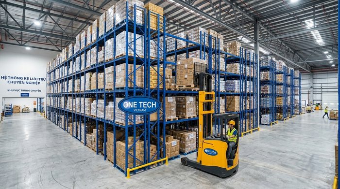 Xe nâng điện và kệ selective trong kho trung chuyển Xe nâng điện vận hành cùng kệ selective trong kho trung chuyển