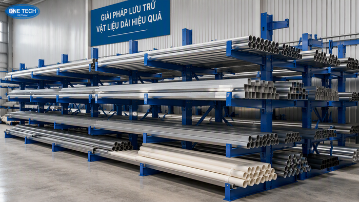 Kệ để ống thép Tuyên Quang trong kho vật tư xây dựng