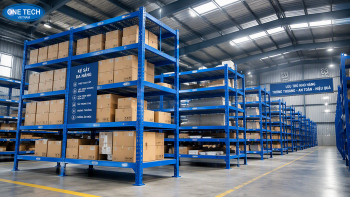 Kệ xếp chồng thép lỗ giúp hàng hóa cách nền và hạn chế ẩm mốc