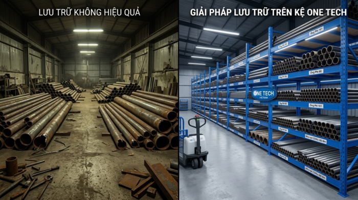 So sánh kho ống thép trước và sau khi lắp kệ