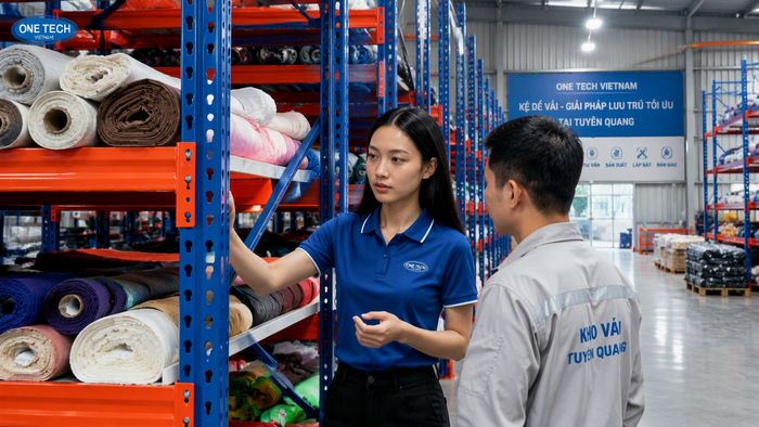 Lắp đặt kệ để vải tại kho hàng ở Tuyên Quang