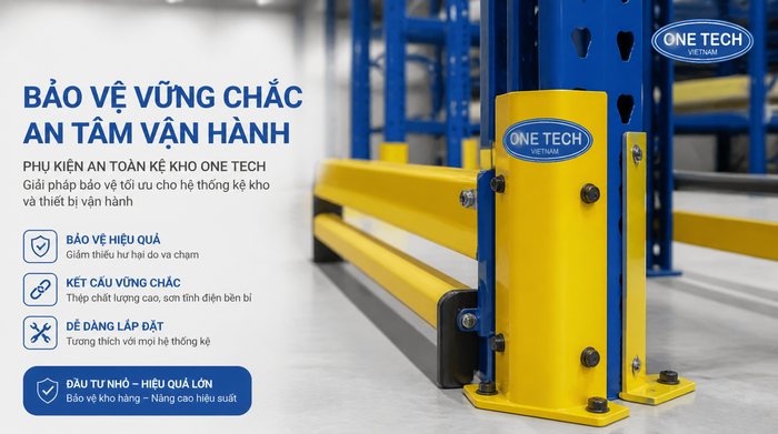 Phụ kiện an toàn cho kệ kho logistics gồm rào chắn và bảo vệ chân trụ