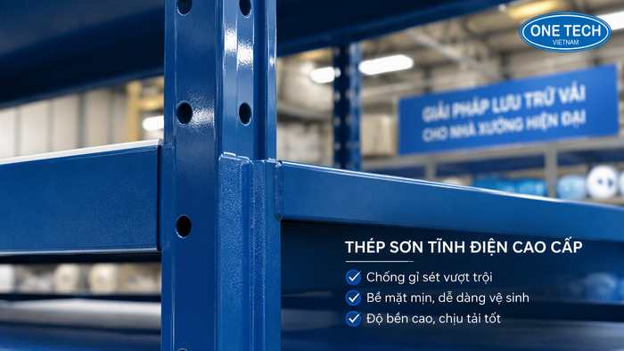 Bề mặt sơn tĩnh điện của kệ để vải giúp chống rỉ và dễ vệ sinh