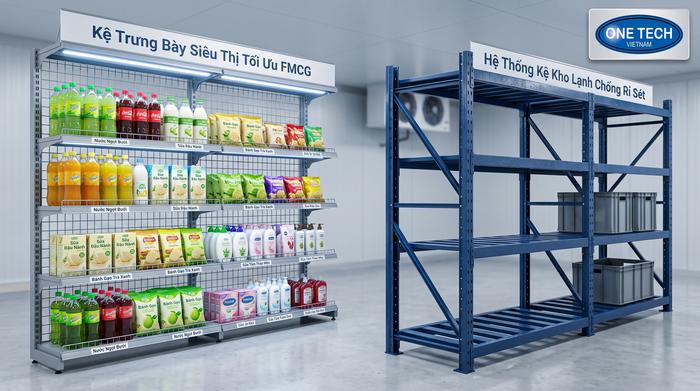 Kệ siêu thị lưới và kệ kho lạnh cho hàng tiêu dùng nhanh Kệ siêu thị lưới và kệ kho lạnh cho hàng FMCG tại Tuyên Quang