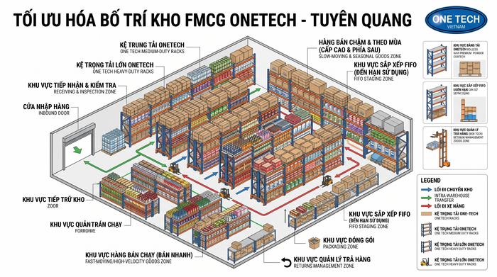 Sơ đồ kho FMCG tối ưu lối đi và khu xuất nhập hàng Sơ đồ bố trí kệ kho FMCG tại Tuyên Quang theo luồng nhập xuất