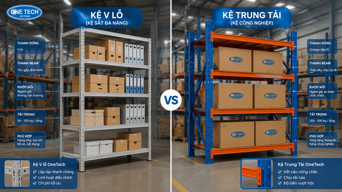 So sánh kệ sắt v lỗ chịu tải nặng và kệ trung tải So sánh kệ sắt v lỗ chịu tải nặng và kệ trung tải cho kho hàng